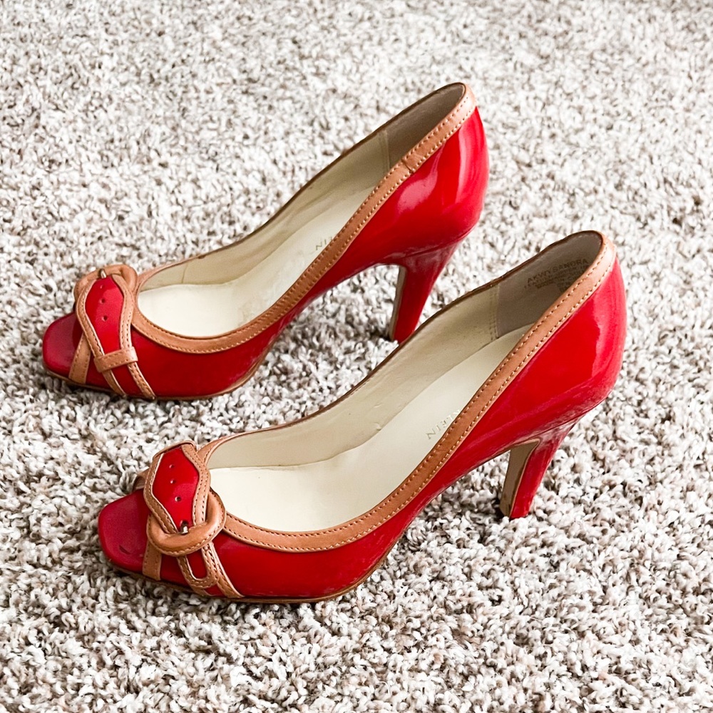 Anne Klein Red and Tan open toe heels size 6
